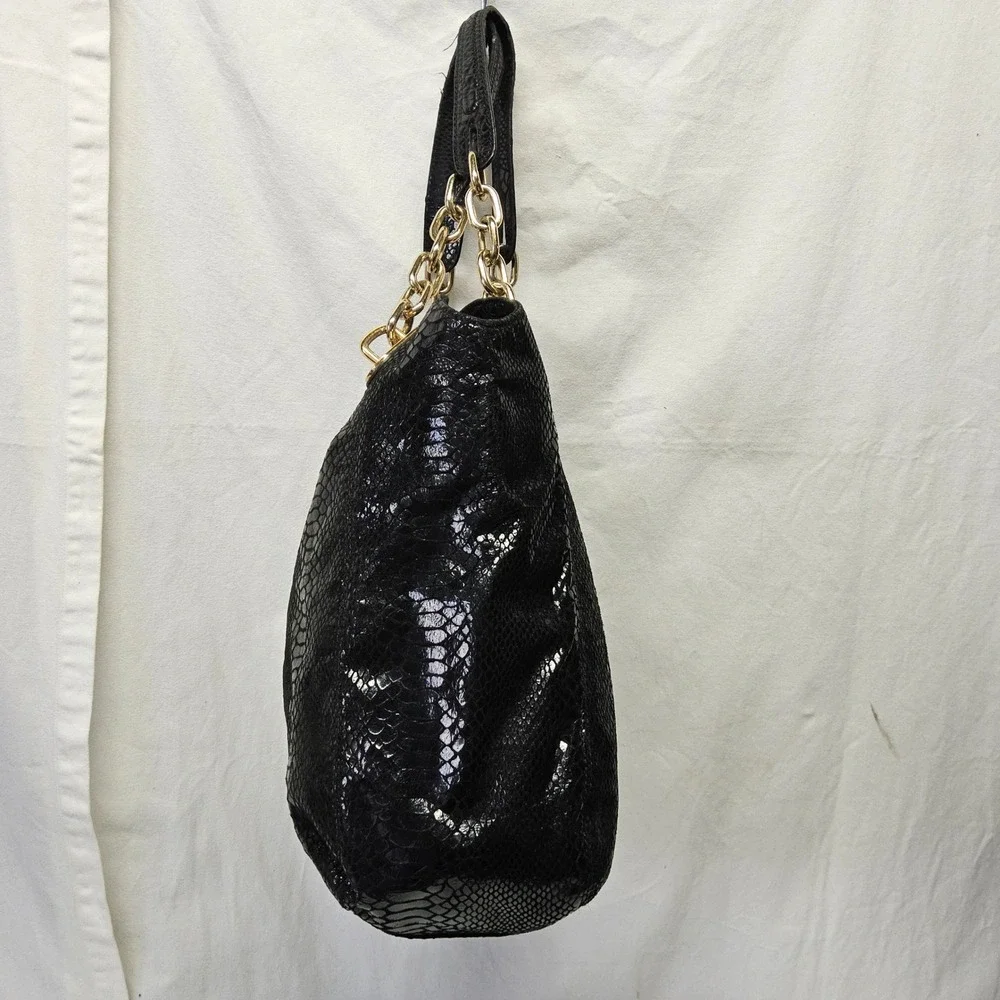 Michael Kors Fulton Shoulder Bag‎ Womens Large Black Snake Embossed Leather Gold